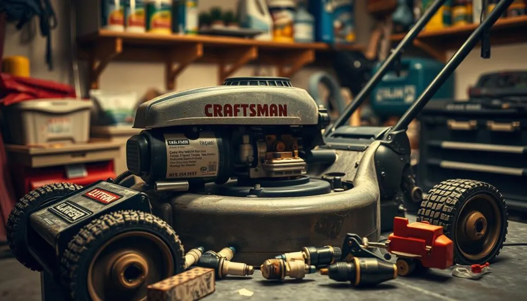 A garage workshop scene with a Craftsman lawn mower in the foreground. The mower sits on a workbench, its engine opened, revealing various mechanical components. Scattered around are common troubleshooting tools like spark plugs, fuel filters, and a carburetor. The lighting is warm and focused, creating shadows that highlight the intricate details of the mower's internals. In the background, shelves with lawn care products and a toolbox provide context. The overall mood is one of problem-solving, with the mower's disassembly suggesting the process of diagnosing and repairing common starting issues.