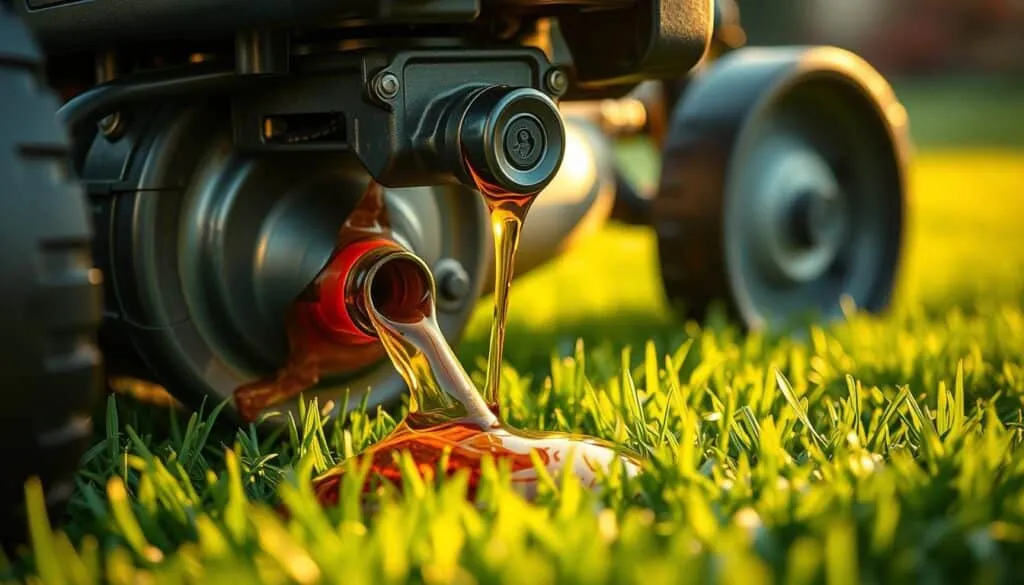 A high-quality, close-up photograph of a freshly drained lawn mower engine with synthetic motor oil spilling out onto a well-manicured lawn. The engine components are clearly visible, with a focus on the oil drain plug and the viscous amber-colored liquid cascading out. Warm, soft lighting casts a natural glow, creating a sense of tranquility and attention to detail. The background is blurred, emphasizing the subject and highlighting the contrast between the machine and the lush, green grass. The overall composition suggests the importance of proper lawn mower maintenance and the use of high-quality synthetic oil to ensure optimal performance and longevity. A high-quality, close-up photograph of a freshly drained lawn mower engine with synthetic motor oil spilling out onto a well-manicured lawn. The engine components are clearly visible, with a focus on the oil drain plug and the viscous amber-colored liquid cascading out. Warm, soft lighting casts a natural glow, creating a sense of tranquility and attention to detail. The background is blurred, emphasizing the subject and highlighting the contrast between the machine and the lush, green grass. The overall composition suggests the importance of proper lawn mower maintenance and the use of high-quality synthetic oil to ensure optimal performance and longevity.