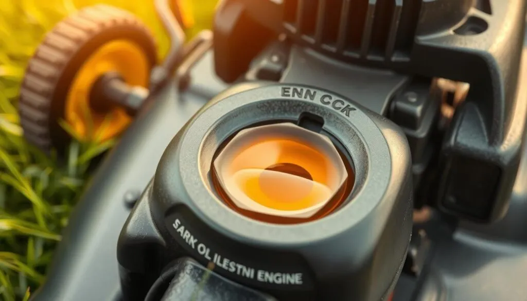 A high-resolution photograph of a lawn mower engine with the oil cap open, revealing a pool of fresh, amber-colored two-cycle engine oil. The engine is in the foreground, set against a softly blurred background of green grass. Warm, natural lighting casts a subtle glow on the oil, highlighting its viscosity and transparency. The image is captured from a slightly elevated angle, providing a clear view of the engine components and the oil reservoir. The overall composition emphasizes the importance of using the correct oil for a lawn mower's engine, conveying a sense of diligence and proper maintenance.