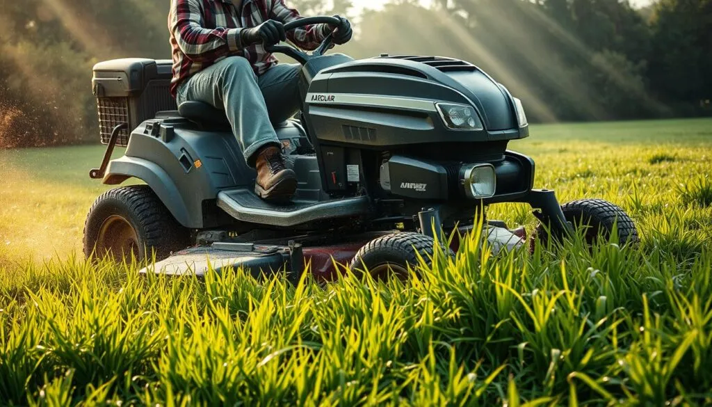 A lawn mower aggressively plowing through lush, verdant grass glistening with morning dew. Powerful blades slicing through the moist foliage, leaving behind a perfectly manicured, emerald-hued carpet. The mower's engine roars as it navigates the uneven terrain, its sturdy wheels gripping the damp soil. Beams of soft, diffused sunlight filter through the overcast sky, casting a warm, ethereal glow over the scene. The operator, clad in a weathered flannel shirt and sturdy work boots, guides the machine with confidence and precision, their face obscured by the mower's exhaust. The overall atmosphere conveys the challenges and considerations of mowing a lawn in wet conditions.