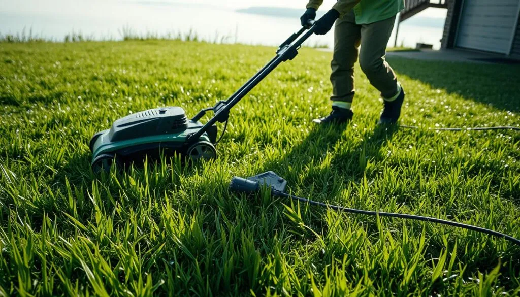 A lush green lawn glistens with water droplets, the danger of electricity lurking in the damp grass. A person, dressed in protective gear, cautiously maneuvers an electric lawn mower, its cord snaking across the ground. The mower's blades slice through the wet blades, creating a symphony of mechanical hums and the soft patter of grass clippings. Shadows cast by the overcast sky add to the sense of unease, as the potential for electrical shock hangs in the air. The scene demands careful consideration and a heightened awareness of the risks involved in tackling this task. Lighting is natural, with a moody, atmospheric quality that heightens the sense of danger.