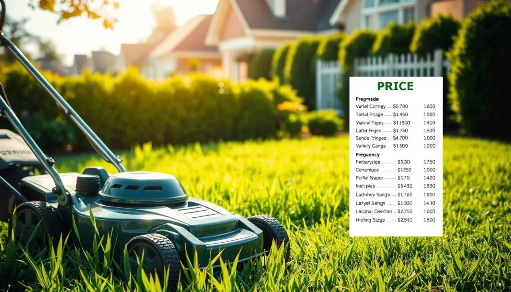 A lush green lawn takes center stage, its blades gently swaying in the warm afternoon breeze. In the foreground, a well-maintained lawn mower stands ready, its chrome and steel gleaming in the dappled sunlight. To the side, a neatly organized price list outlines the various service packages, detailing the frequency and corresponding costs for maintaining this verdant expanse. The background features a tranquil suburban setting, with neatly trimmed hedges and a picket fence, conveying a sense of order and attention to detail. The overall scene exudes a professional and inviting atmosphere, capturing the essence of a reliable lawn mowing service and its pricing strategies.