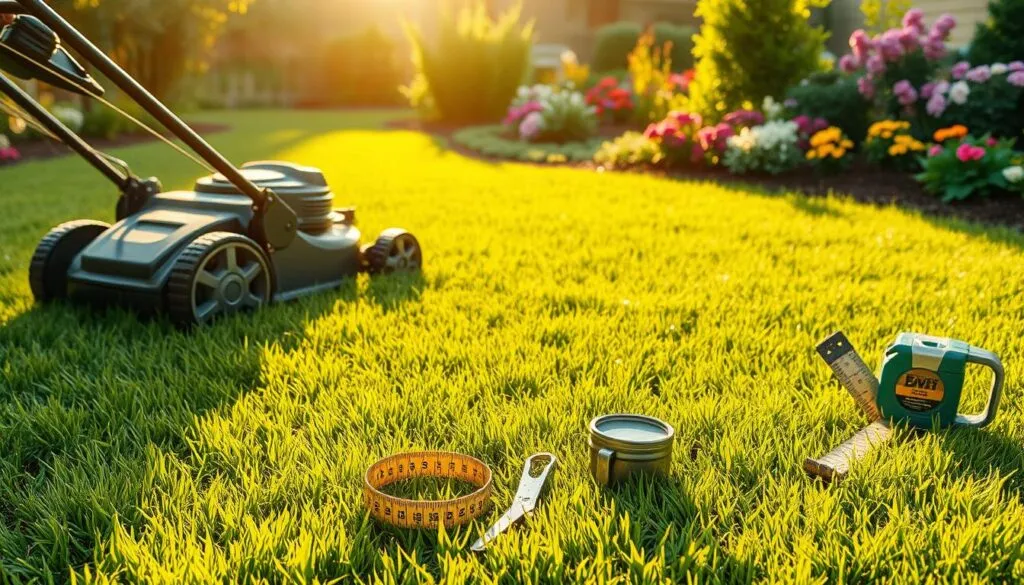 A lush, neatly manicured lawn with vibrant green grass under the warm, golden glow of a late afternoon sun. In the foreground, a hand-pushed lawn mower carefully trims the grass, leaving behind a crisp, even pattern. The middle ground showcases a tape measure, secateur, and a small watering can, suggesting the importance of measuring, trimming, and nurturing the lawn. In the background, a well-tended garden with colorful flowers and shrubs adds depth and context to the scene. The overall atmosphere conveys a sense of pride, diligence, and the rewards of consistent lawn care.