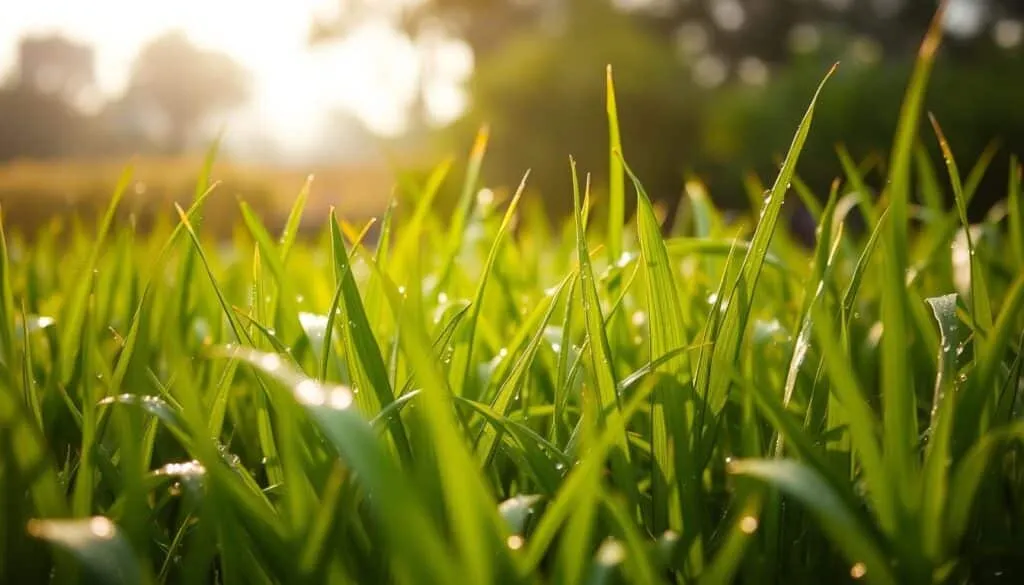 A lush, verdant field of freshly watered grass glistens under the warm, diffused sunlight of an overcast day. Blades of grass, heavy with beads of moisture, sway gently in a light breeze, creating a mesmerizing, almost tactile texture. The foreground is in sharp focus, drawing the viewer's attention to the intricate patterns and subtle variations in the grass, while the background softly fades into a hazy, ethereal blur. The overall mood is serene and rejuvenating, evoking a sense of the tranquility and restorative power of nature after a recent rain.
