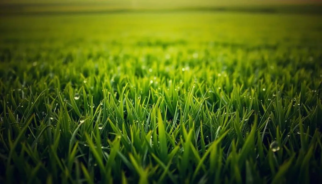 A lush, verdant lawn glistening with freshly fallen raindrops. The blades of grass, still damp and vibrant, sway gently in the soft breeze. A warm, overcast sky casts a muted, natural light over the scene, casting subtle shadows that accentuate the lawn's rolling contours. In the foreground, individual water droplets cling to the grass tips, refracting the light and creating a sparkling, jewel-like effect. The middle ground features a well-manicured, uniform lawn, with no visible footprints or disturbances, suggesting a recent rainfall. The background fades into a hazy, out-of-focus horizon, creating a sense of depth and tranquility. The overall mood is one of rejuvenation and freshness, perfectly capturing the optimal time to mow after a rain shower.