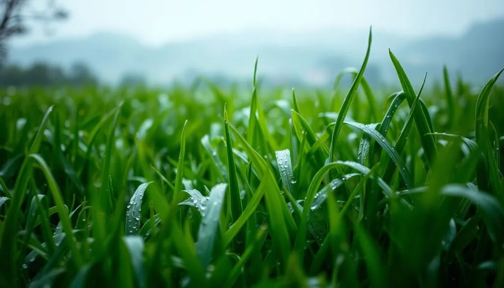 A lush, verdant lawn glistens with freshly fallen rain, the blades of grass bending under the weight of the droplets. The foreground is a close-up view, showcasing the intricate textures and patterns of the damp foliage. In the middle ground, the grass gradually transitions to a softer focus, while the background fades into a hazy, out-of-focus landscape, creating a sense of depth and atmosphere. The lighting is soft and diffused, casting a gentle, natural glow over the scene. The overall mood is one of tranquility and the refreshing, rejuvenating essence of a rainy day.