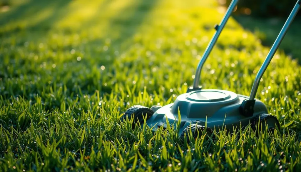 A lush, verdant lawn glistens with morning dew, the blades of grass shimmering under the soft, diffused light of the early sun. In the foreground, a lawn mower stands idle, its blades poised to cut through the dewy turf. The scene evokes a sense of tranquility, yet also a subtle tension - the potential risks of mowing in such conditions linger in the air, hinting at the potential pitfalls that may await the unsuspecting homeowner. The background is blurred, drawing the viewer's focus to the central dilemma, inviting them to consider the tradeoffs and consequences of mowing dewy grass.