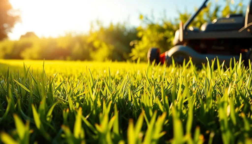 A lush, verdant lawn under the warm glow of the afternoon sun. In the foreground, a freshly mowed swath of grass, its blades gently swaying in a light breeze. The middle ground showcases a lawn mower, its sharp blades gleaming, poised to tackle the remaining uncut sections. In the background, a backdrop of flourishing greenery and a clear, blue sky, creating a serene and inviting atmosphere. The scene conveys the optimal timing for mowing a new lawn, striking a balance between allowing the grass to establish its roots while maintaining a well-groomed, healthy appearance.