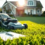 A lush, well-manicured lawn against a backdrop of a modern suburban home. In the foreground, a professional-looking lawn mower stands, its sleek design and powerful engine hinting at the task it can handle. The sun casts a warm, golden glow over the scene, highlighting the vibrant green grass and creating long, soft shadows. In the middle ground, a clipboard and pen lie on the lawn, representing the pricing calculations and estimates the homeowner or landscaper might be making. The atmosphere is one of precision, efficiency, and attention to detail, conveying the expertise required to price lawn mowing services for a 2-acre property.