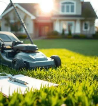 A lush, well-manicured lawn against a backdrop of a modern suburban home. In the foreground, a professional-looking lawn mower stands, its sleek design and powerful engine hinting at the task it can handle. The sun casts a warm, golden glow over the scene, highlighting the vibrant green grass and creating long, soft shadows. In the middle ground, a clipboard and pen lie on the lawn, representing the pricing calculations and estimates the homeowner or landscaper might be making. The atmosphere is one of precision, efficiency, and attention to detail, conveying the expertise required to price lawn mowing services for a 2-acre property.