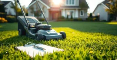 A lush, well-manicured lawn against a backdrop of a modern suburban home. In the foreground, a professional-looking lawn mower stands, its sleek design and powerful engine hinting at the task it can handle. The sun casts a warm, golden glow over the scene, highlighting the vibrant green grass and creating long, soft shadows. In the middle ground, a clipboard and pen lie on the lawn, representing the pricing calculations and estimates the homeowner or landscaper might be making. The atmosphere is one of precision, efficiency, and attention to detail, conveying the expertise required to price lawn mowing services for a 2-acre property.