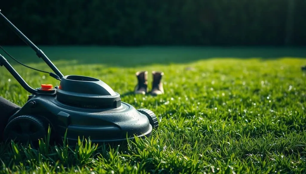 A lush, well-manicured lawn glistens with droplets of fresh rain, the ground still damp and dark. In the foreground, a professional-grade electric lawn mower stands idle, its blades awaiting the optimal moment to resume their work. The scene is bathed in a soft, diffused natural lighting, casting long shadows across the verdant expanse. In the middle ground, a pair of boots belonging to a thoughtful homeowner pause, considering the perfect waiting time before safely mowing the wet grass. The background fades into a hazy, atmospheric blur, emphasizing the tranquility and patience required for this task. The overall mood is one of anticipation, as the homeowner prepares to resume their lawn care duties while respecting the post-rain conditions.