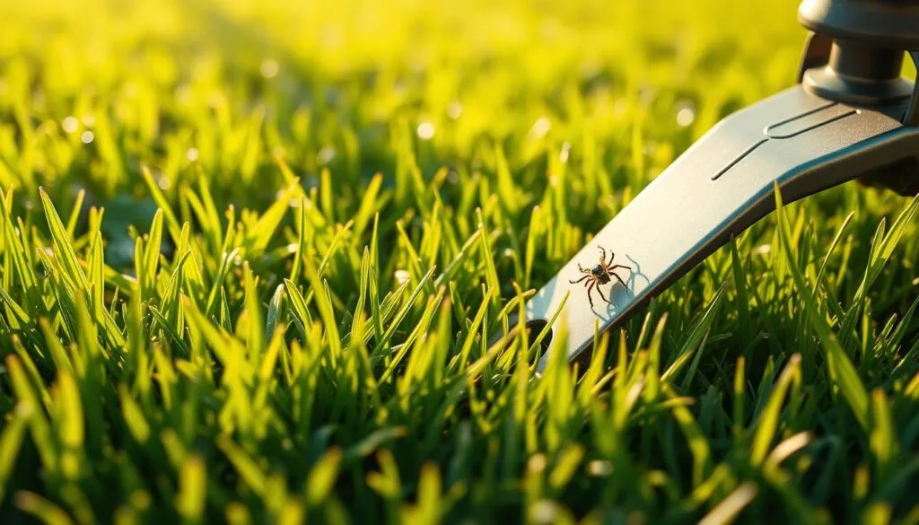 A lush, well-manicured lawn with a close-up view of a tick being exterminated by a lawn mower blade. The scene is bathed in warm, golden afternoon sunlight, casting soft shadows across the grass. The lawn appears meticulously maintained, with vibrant green blades and a hint of dew reflecting the light. In the foreground, a single tick is visible, its dark body contrasting against the verdant lawn, about to be cut down by the sharp metal blade of the mower. The focus is sharp, drawing the viewer's attention to the precise moment of tick elimination, symbolizing the effectiveness of regular lawn mowing in controlling tick populations.
