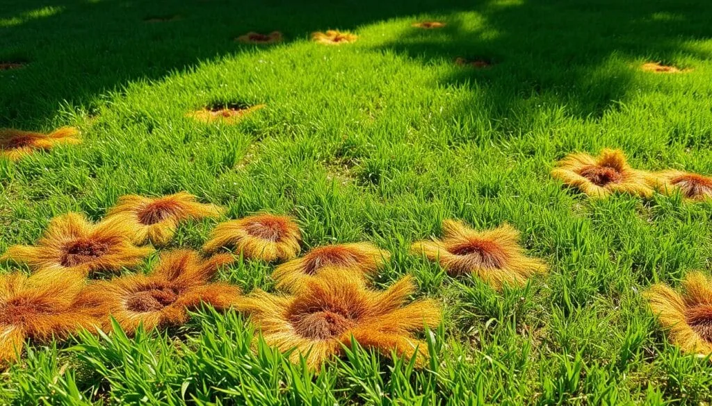 A lush, well-manicured lawn with unsightly brown and yellow patches, as if affected by a persistent fungal disease. The foreground features the diseased areas in vivid detail, with splotches of discoloration and dying grass blades. In the middle ground, the healthy green grass contrasts sharply, emphasizing the extent of the problem. The lighting is soft and natural, creating subtle shadows that accentuate the texture and topography of the lawn. The overall mood is one of concern, hinting at the challenges of maintaining a healthy, thriving lawn during wet conditions.