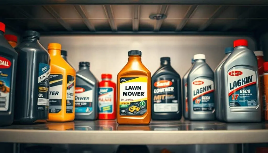 A neatly organized shelf in a well-lit garage, displaying various oil bottles and cans. In the center, a prominent bottle of 