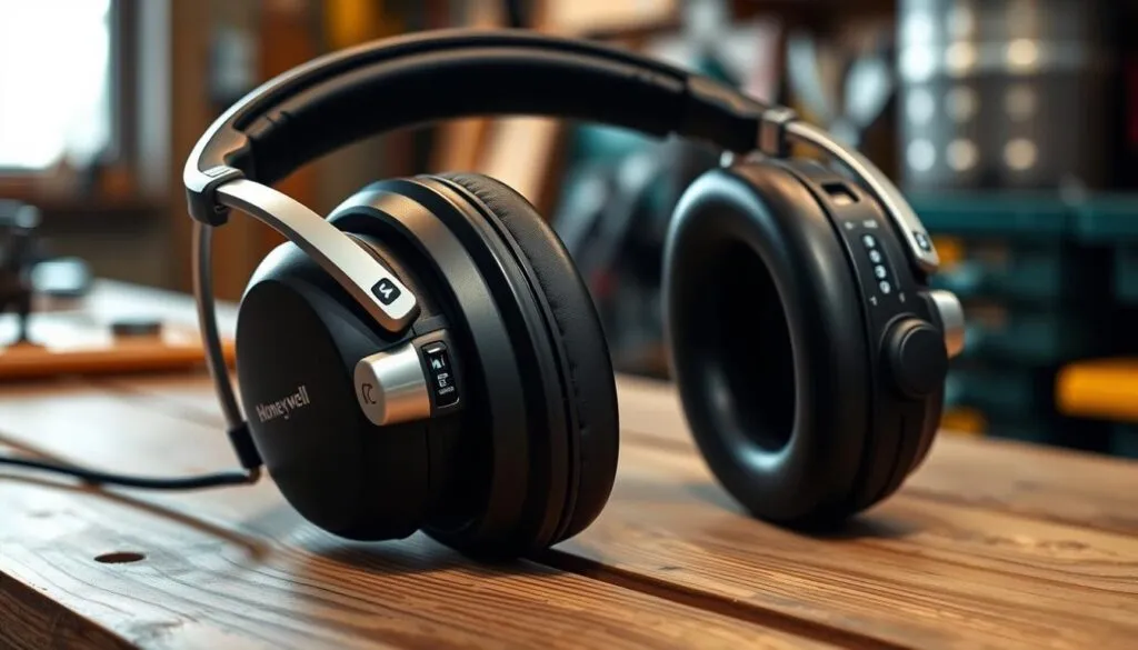 A pair of high-quality Honeywell Sync digital earmuffs rests on a wooden workbench, illuminated by soft, diffused lighting. The earmuffs feature a sleek, modern design with a matte black finish, accented by silver metal components. The headband is adjustable and padded for comfort, while the large, over-ear cups enclose the listener's ears, providing effective noise reduction. The control panel on the right earcup is clearly visible, with buttons for powering on the AM/FM radio and adjusting the volume. The overall scene conveys a sense of functionality and attention to detail, highlighting the practical utility of these noise-cancelling headphones for outdoor activities like lawn mowing.