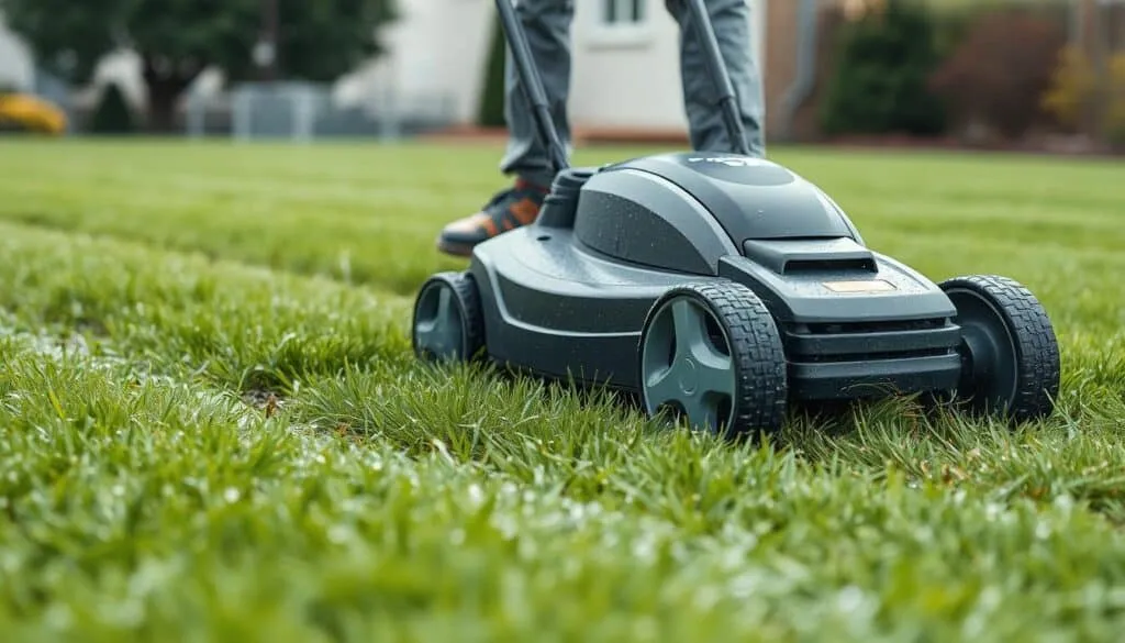 A person in casual clothing carefully maneuvering a modern electric lawn mower across a lush, damp lawn on an overcast day. Droplets of water cling to the blades of grass, reflecting the muted light. The mower's wheels leave distinct tracks in the wet soil, and a light mist hangs in the air, creating a sense of gentle dampness. The foreground is in sharp focus, while the background is softly blurred, emphasizing the task at hand. The scene conveys a sense of diligence and mindfulness, with the person navigating the challenges of mowing wet grass safely and efficiently. A person in casual clothing carefully maneuvering a modern electric lawn mower across a lush, damp lawn on an overcast day. Droplets of water cling to the blades of grass, reflecting the muted light. The mower's wheels leave distinct tracks in the wet soil, and a light mist hangs in the air, creating a sense of gentle dampness. The foreground is in sharp focus, while the background is softly blurred, emphasizing the task at hand. The scene conveys a sense of diligence and mindfulness, with the person navigating the challenges of mowing wet grass safely and efficiently.