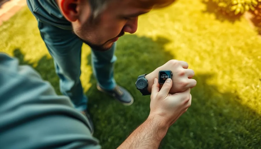 A person standing on a neatly mowed lawn, examining a smartwatch or fitness tracker displaying their personal calorie count from the lawn mowing activity. The scene is captured with a shallow depth of field, focusing on the person's face and the device screen, while the lush green lawn and a house or garden in the background provide a sense of place. Warm, natural lighting casts gentle shadows, highlighting the person's engaged expression as they review their calorie expenditure data. The overall mood is one of personal fitness awareness and appreciation for the everyday physical activity of lawn care.