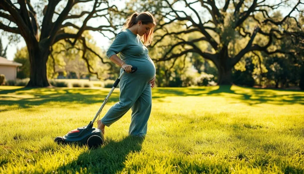 A pregnant woman meticulously mowing her lush, verdant lawn on a bright, sunny afternoon. The warm sunlight casts a soft, diffused glow across the scene, highlighting the woman's gentle movements as she guides the electric lawnmower over the grass. In the background, mature oak trees sway gently in a light breeze, their dappled shadows dancing across the ground. The woman wears a loose, comfortable maternity outfit, her rounded belly clearly visible as she focuses intently on her task. The air is crisp and fresh, conveying a sense of tranquility and mindfulness to the overall image.