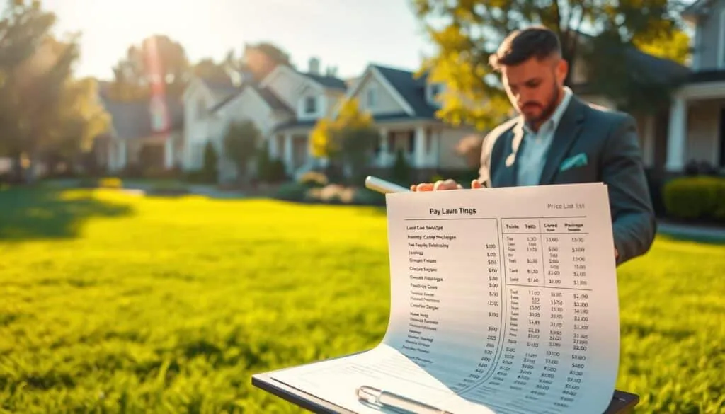A pristine suburban lawn with lush, emerald grass stretches out under a warm, golden afternoon sun. In the foreground, a neatly folded price list sits atop a clipboard, its columns detailing various lawn care service packages and their corresponding rates. In the middle ground, a savvy, well-groomed lawn care professional examines the list, carefully considering pricing strategies that balance competitive rates with the true value of their expert services. The background features a row of well-maintained homes, their manicured yards hinting at the local demand for high-quality lawn care. The overall scene conveys an atmosphere of calculated professionalism, where the lawn care provider strives to find the sweet spot between market forces and their own pricing psychology.