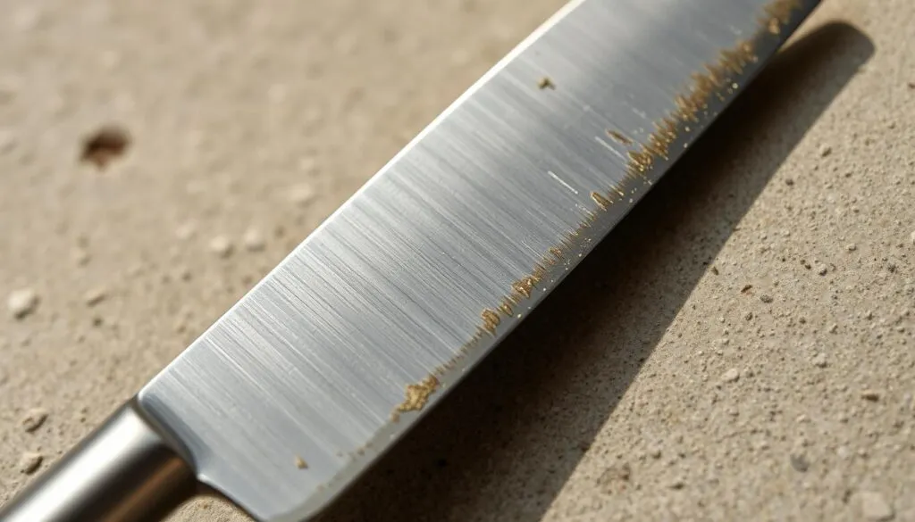 A sharp, stainless steel butter knife blade rests against the weathered surface of an old lawn mower blade. The edges catch the soft, directional light, highlighting the contrasting textures and hues. The mower blade is worn, with subtle ridges and a matte finish, conveying its use and age. The butter knife's pristine edge juxtaposes the mower's battle-worn appearance, creating a visually striking composition that illustrates the range of sharpness required for effective lawn care. The scene is set against a neutral, out-of-focus background, allowing the key elements to take center stage and communicate the subject matter clearly. A sharp, stainless steel butter knife blade rests against the weathered surface of an old lawn mower blade. The edges catch the soft, directional light, highlighting the contrasting textures and hues. The mower blade is worn, with subtle ridges and a matte finish, conveying its use and age. The butter knife's pristine edge juxtaposes the mower's battle-worn appearance, creating a visually striking composition that illustrates the range of sharpness required for effective lawn care. The scene is set against a neutral, out-of-focus background, allowing the key elements to take center stage and communicate the subject matter clearly.