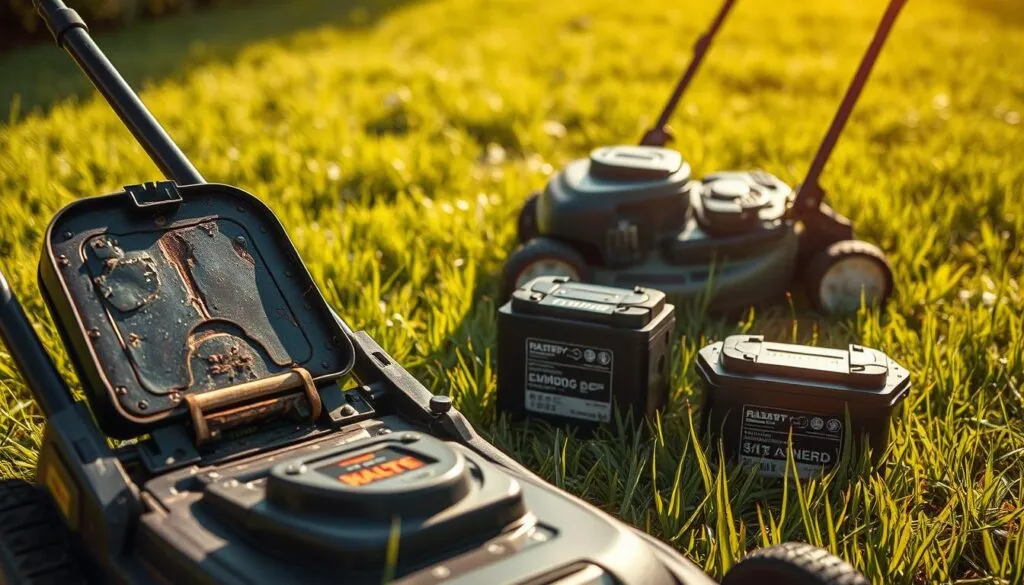 A sun-dappled lawn, the grass gently swaying. In the foreground, a weathered lawn mower sits, its battery compartment open, revealing worn terminals and corrosion. Close-up, the battery's charge indicator shows a drained state, its once-vibrant LED now fading. The middle ground showcases a selection of replacement batteries, their labels highlighting voltage, amperage, and compatibility. In the background, a well-maintained mower stands, its freshly charged battery shining with a healthy glow, ready to tackle the verdant expanse. Warm, golden light filters through the scene, casting soft shadows and a sense of tranquility, hinting at the importance of timely battery replacement for reliable lawn care.