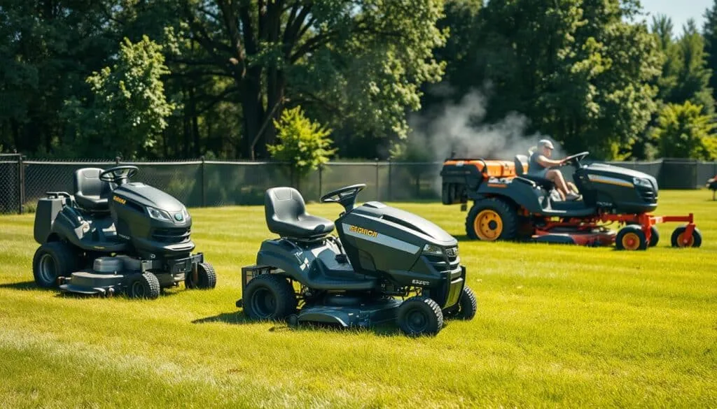 A sunny outdoor scene showcasing various types of riding lawn mowers in a side-by-side comparison. In the foreground, a battery-powered electric mower silently glides across a lush green lawn, its compact motor emitting a soft, unobtrusive hum. In the middle ground, a gas-powered mower chugs along, its engine rumbling with a moderate noise level. In the background, a powerful, commercial-grade diesel mower roars to life, kicking up plumes of exhaust and generating a loud, guttural sound. The image is captured with a wide-angle lens to provide a comprehensive view, with natural lighting illuminating the scene and emphasizing the distinct noise profiles of each mower type.