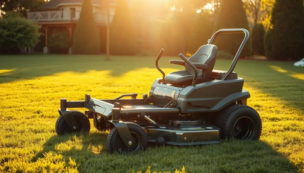 A well-designed 30-inch zero turn mower, positioned on a lush, manicured lawn, under a warm, golden afternoon sun. The mower's sleek, aerodynamic frame gleams in the light, its high-powered engine hinting at the efficient power it possesses. The sharp blades of the mower's deck are clearly visible, ready to tackle any overgrown grass with precision. The mower's controls are ergonomically designed, inviting the user to effortlessly navigate tight spaces and intricate landscapes. The scene exudes a sense of pride and professionalism, showcasing the mower's capabilities to the discerning homeowner or landscaper.
