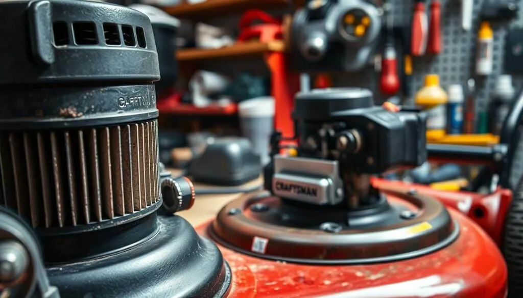 A well-lit and detailed close-up shot of a Craftsman lawn mower's air filter, spark plug, and maintenance tools in the foreground. In the middle ground, a partially disassembled lawn mower engine with visible components. The background features a neatly organized workbench with various lawn mower repair and maintenance supplies. The overall scene conveys a sense of diligence and care, highlighting the importance of proper lawn mower maintenance for optimal performance.