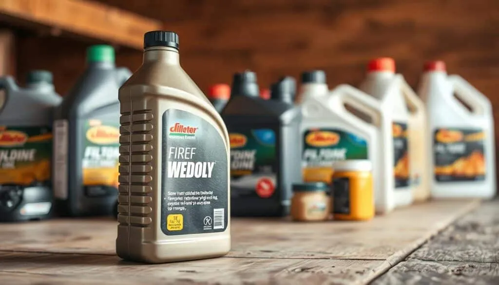 A well-lit, close-up image of a lawn mower engine oil bottle placed on a wooden surface, with various engine oil bottles and containers in the background, illustrating the key factors to consider when selecting the right weight oil for a lawn mower, such as viscosity, temperature range, and engine specifications. The image should have a clean, crisp, and technical aesthetic, with a shallow depth of field to focus attention on the main engine oil bottle. The lighting should be warm and directional, casting subtle shadows to emphasize the textures and details of the bottles and containers.