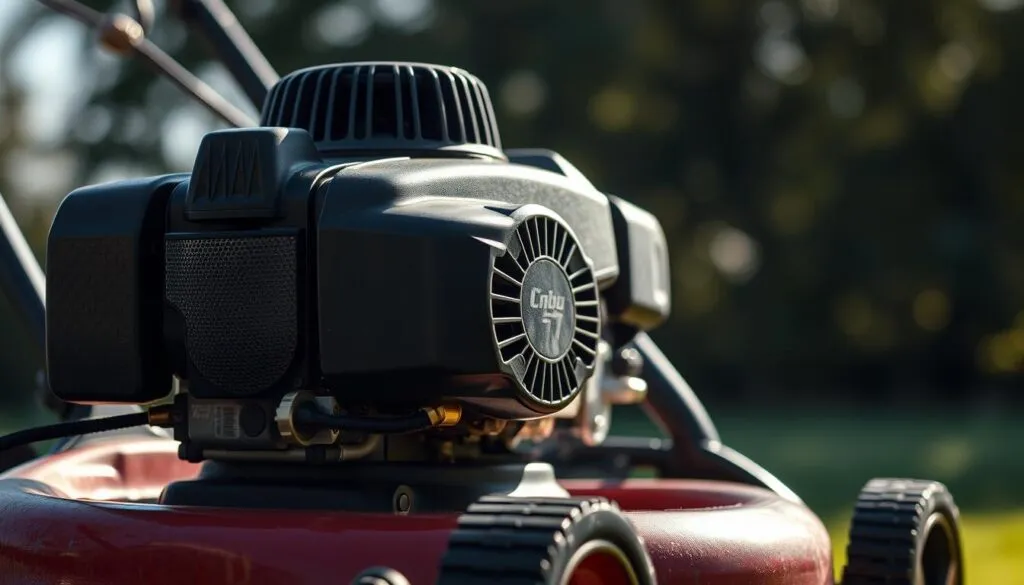 A well-lit, close-up photograph of a gas-powered lawn mower against a blurred outdoor background. The mower's engine is running, with a clear emphasis on the exhaust pipe and air intake, conveying a sense of the machinery's power and noise output. The lighting should create dramatic shadows and highlights, accentuating the mower's complex mechanical details. The overall composition should draw the viewer's attention to the key factors affecting the lawn mower's decibel levels, such as engine size, blade speed, and airflow.