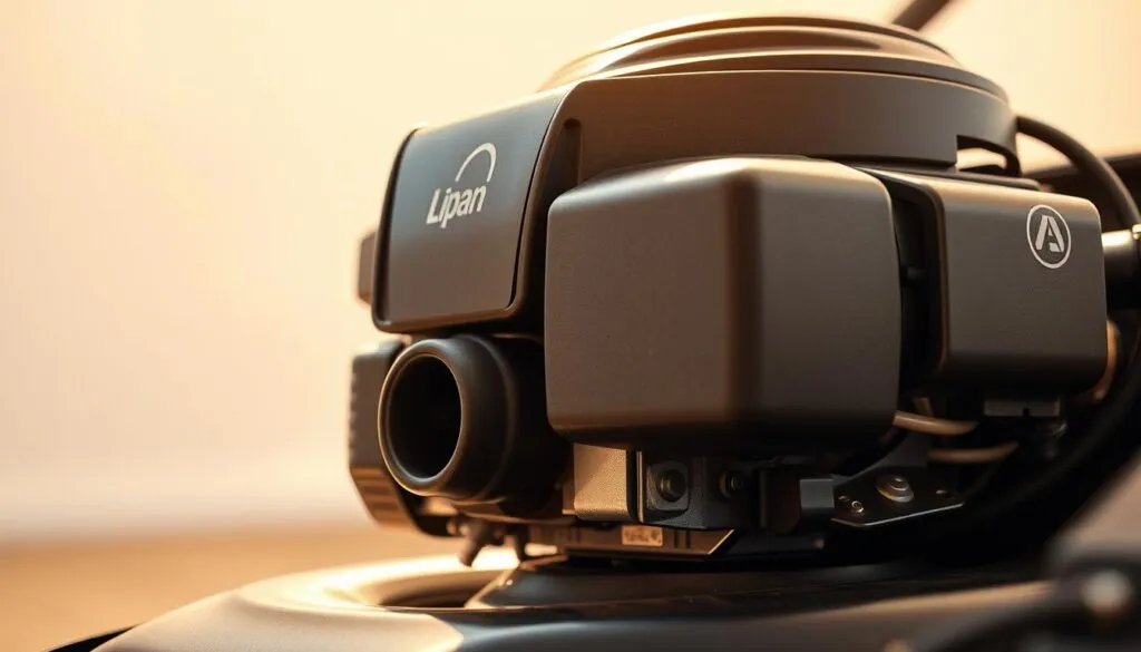 A well-lit, close-up photograph of a lawn mower engine, showcasing its various components such as the air intake, exhaust port, and moving parts. The engine should be portrayed against a clean, neutral background, with a focus on capturing the intricate details and textures of the machine. The image should convey a sense of technical precision and the power behind the lawn mower's operation. Subtle depth-of-field blur in the background, creating a sense of focus on the engine's mechanics. Warm, natural lighting from the side to highlight the metallic surfaces and cast subtle shadows, emphasizing the dimensional aspects of the engine. The overall composition should be balanced and visually striking, conveying the essence of a lawn mower's decibel levels.