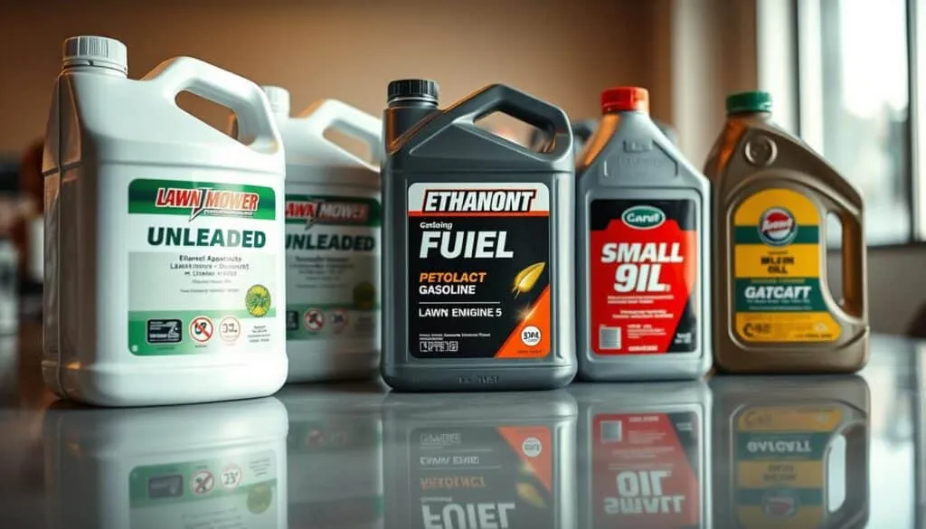 A well-lit, close-up photograph of various lawn mower fuel options, including containers of unleaded gasoline, ethanol-blended fuel, and small engine oil. The containers are arranged neatly on a clean, reflective tabletop, capturing the details of their labels, caps, and textures. The lighting is soft and even, creating a professional, informative atmosphere. The depth of field is shallow, keeping the fuel containers in sharp focus while blurring the background, directing the viewer's attention to the subject. The overall composition is balanced and visually appealing, showcasing the different fuel types in a clear and organized manner. A well-lit, close-up photograph of various lawn mower fuel options, including containers of unleaded gasoline, ethanol-blended fuel, and small engine oil. The containers are arranged neatly on a clean, reflective tabletop, capturing the details of their labels, caps, and textures. The lighting is soft and even, creating a professional, informative atmosphere. The depth of field is shallow, keeping the fuel containers in sharp focus while blurring the background, directing the viewer's attention to the subject. The overall composition is balanced and visually appealing, showcasing the different fuel types in a clear and organized manner.