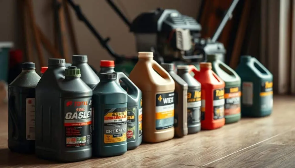 A well-lit close-up photograph of various types of gasoline fuel canisters and jugs, arranged neatly on a wooden surface. The canisters should be in the foreground, showcasing their labels, colors, and fuel levels. In the middle ground, a lawn mower or garden equipment should be visible, hinting at the intended use of the fuel. The background should be a simple, uncluttered setting, allowing the fuel canisters to be the focal point of the image. The lighting should be soft and natural, highlighting the textures and details of the fuel containers. The overall mood should convey a sense of utility and practicality, reflecting the purpose of the fuel in the context of lawn mower maintenance.