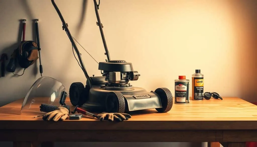 A well-lit, high-resolution photograph of a neatly organized workbench with a classic push lawn mower in the center. The mower's metal frame gleams under warm, directional lighting. Nearby, a set of essential safety tools and equipment is carefully arranged, including a face shield, heavy-duty gloves, eye protection, and a can of fuel stabilizer. The background features a clean, uncluttered space with a white or lightly colored wall, evoking a sense of focus and preparation. The overall mood is one of diligent, safety-conscious preparation before disposing of an old push mower.