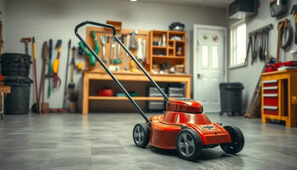 A well-lit, photorealistic scene depicting a neatly organized garage or workshop. In the foreground, a clean and well-maintained push lawn mower stands out, its bright red chassis and shiny chrome accents gleaming under the soft, even lighting. The mower is positioned prominently, inviting the viewer to examine its pristine condition. In the middle ground, a wooden workbench or shelving unit displays various gardening tools and accessories, hinting at the owner's attention to detail and care for their outdoor equipment. The background subtly suggests an organized, tidy space, with pegboards, toolboxes, or other storage solutions visible, creating a sense of a well-equipped and functional workspace. The overall atmosphere conveys a feeling of pride, order, and the opportunity to pass on a valuable, working lawn mower to a new owner.