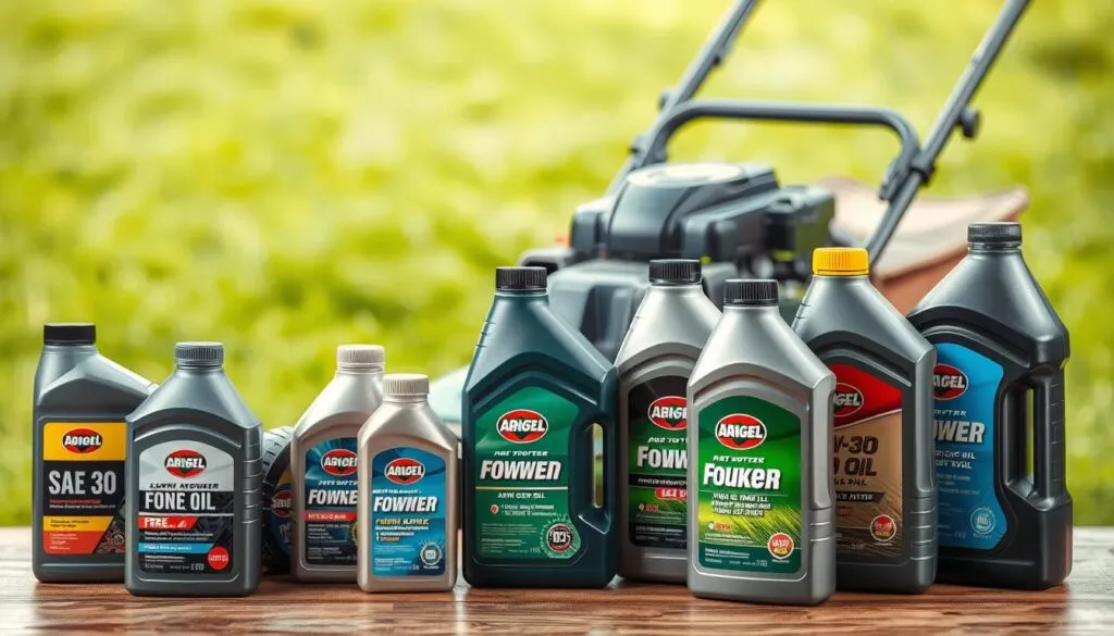 A well-lit still life featuring an assortment of lawn mower oil bottles in the foreground, neatly arranged on a wooden surface. The bottles should display a range of popular oil types and viscosities, such as SAE 30, 10W-30, and 4-stroke engine oil. In the middle ground, a classic push lawn mower with a clean, freshly polished exterior is positioned, suggesting the connection between the oils and their purpose. The background should have a subtle, blurred landscape of a lush, green lawn, emphasizing the context of lawn care. The overall scene should convey a sense of organization, expertise, and the importance of using the right oil for optimal lawn mower performance and longevity.
