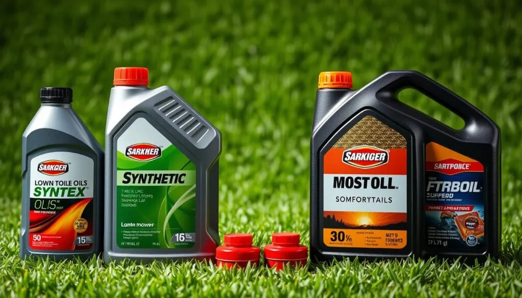 A well-lit studio shot capturing a head-to-head comparison of synthetic and conventional motor oils for lawn mowers. The oils are neatly arranged in the foreground, with their containers displayed prominently, highlighting the different formulations and branding. The background features a lush, verdant lawn, setting the scene for the intended use of these products. The lighting is soft and diffused, creating a clean, professional look. The camera angle is slightly elevated, providing a clear, detailed view of the oils and their distinguishing characteristics.