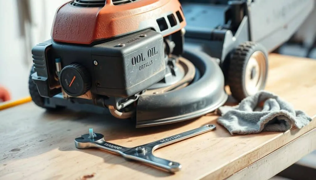 A well-lit workbench, with a lawn mower engine resting on it. The engine's oil dipstick is pulled out, revealing the current oil level. A wrench and some rags are placed nearby, suggesting the process of checking and potentially refilling the oil. The background is slightly blurred, focusing the viewer's attention on the engine and the maintenance task at hand. The lighting is soft and natural, creating a calm, informative atmosphere suitable for an instructional article on lawn mower oil maintenance.