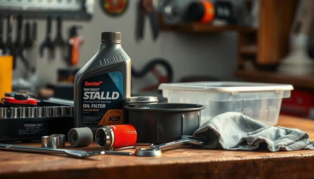 A well-lit workshop table showcasing an array of lawn mower maintenance tools, including a bottle of high-quality engine oil, a fresh oil filter, a socket wrench set, a drain pan, and a shop rag. The tools are arranged in an organized, visually appealing manner, conveying a sense of expertise and attention to detail. The lighting casts a warm, inviting glow, highlighting the textures and materials of the various implements. The background is slightly blurred, keeping the focus on the foreground elements and creating a clean, professional look suitable for illustrating a step-by-step oil change guide.