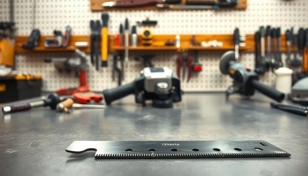 A well-lit workshop table with a sharp lawnmower blade in the foreground, positioned prominently. The blade should be freshly sharpened, with a gleaming metal surface and a razor-sharp edge. In the middle ground, various sharpening tools and a cordless grinder are arranged neatly, suggesting the process of blade maintenance. The background should feature a neatly organized tool rack, conveying a sense of precision and efficiency. The overall scene should have a clean, professional atmosphere, emphasizing the importance of properly maintaining mower blades for optimal lawn care performance.