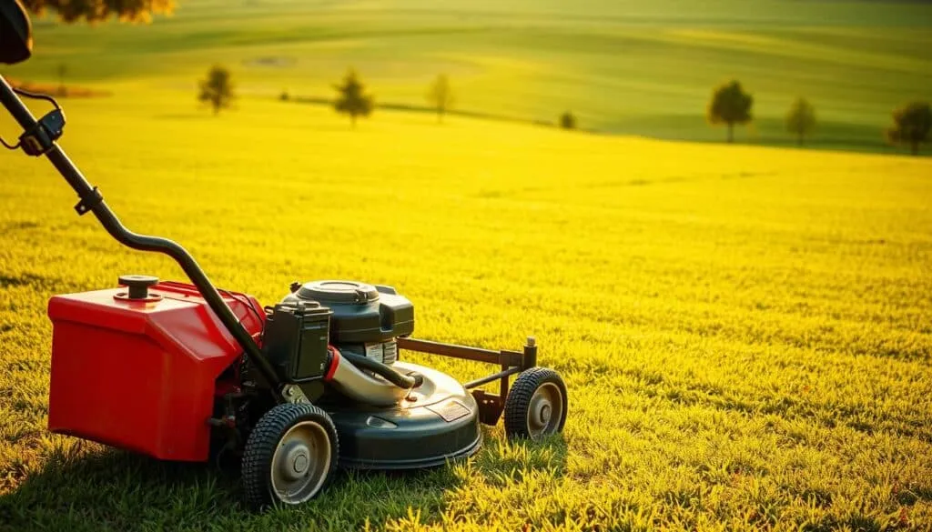 A well-maintained lawn mower against a backdrop of a lush, manicured lawn, with the sun casting warm, golden light across the scene. The mower's sturdy frame and sharp blades suggest its power and efficiency, ready to tackle the expansive 5-acre lot. In the foreground, the mower's controls and wheels are in sharp focus, while the distant horizon and scattered trees create a sense of depth and scale. The overall atmosphere is one of a well-organized, productive task, with the mower positioned as the central tool for the job at hand.