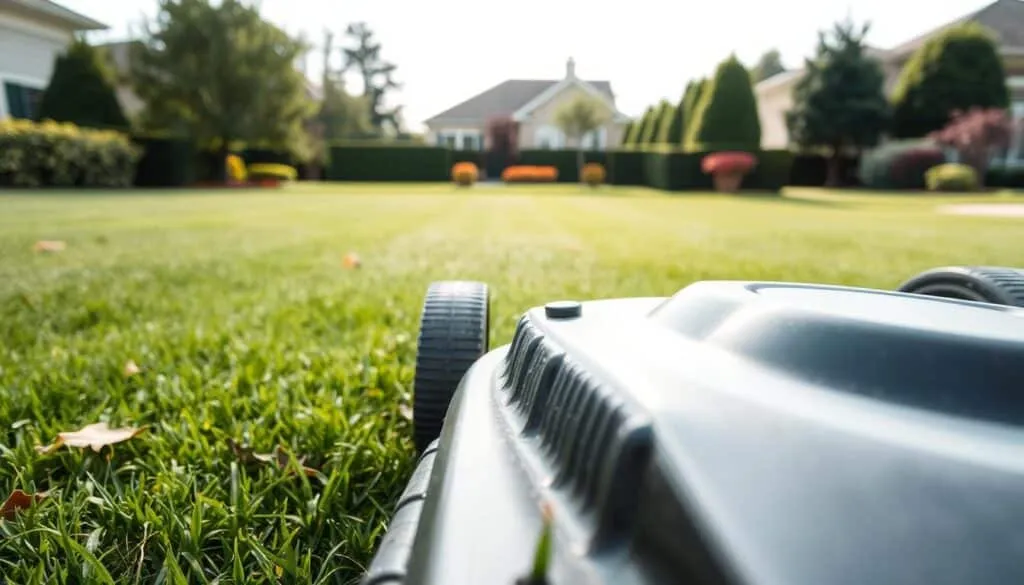 A well-maintained lawn mower on a freshly mowed, lush green lawn. In the foreground, a close-up view of the mower's deck, with the blades clearly visible and sharp. The middle ground shows the mower's wheels, neatly trimmed grass, and a few scattered fallen leaves. In the background, a picturesque suburban landscape with neatly manicured trees and shrubs. The lighting is soft and natural, creating a serene, well-kept atmosphere. The angle is slightly elevated, giving a sense of careful attention to detail and maintenance. The image conveys the importance of proper lawn mower care and operation to prevent damage to both the lawn and the equipment.