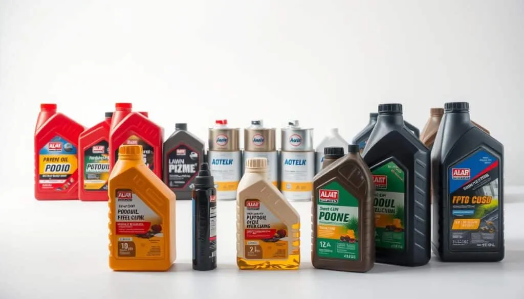 A well-organized display of different lawn mower oil types, showcased against a clean, white background with a soft, even lighting. In the foreground, several bottles of motor oil in various viscosities and formulations are artfully arranged, allowing the viewer to clearly see and compare the different options. The middle ground features a neatly laid out selection of oil cans, highlighting the key information such as SAE grades and API service classifications. The background is uncluttered, drawing the viewer's attention to the central subject matter, the oils themselves. The overall mood is one of clarity, professionalism, and technical precision, reflecting the importance of choosing the right oil for a lawn mower's optimal performance and longevity. A well-organized display of different lawn mower oil types, showcased against a clean, white background with a soft, even lighting. In the foreground, several bottles of motor oil in various viscosities and formulations are artfully arranged, allowing the viewer to clearly see and compare the different options. The middle ground features a neatly laid out selection of oil cans, highlighting the key information such as SAE grades and API service classifications. The background is uncluttered, drawing the viewer's attention to the central subject matter, the oils themselves. The overall mood is one of clarity, professionalism, and technical precision, reflecting the importance of choosing the right oil for a lawn mower's optimal performance and longevity.