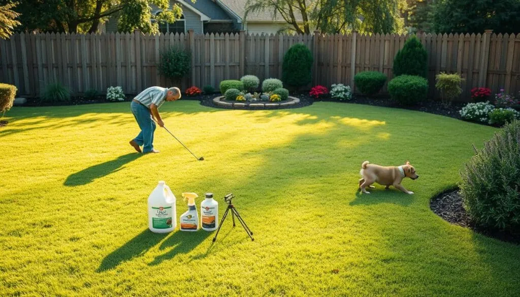 An expansive backyard with lush, neatly trimmed grass. In the foreground, a person meticulously inspecting the lawn, searching for signs of tick activity. Nearby, a variety of organic pest control products and tools are strategically placed. The midground features well-maintained flower beds and shrubs, creating a visually appealing and tick-resistant landscape. In the background, a wooden fence borders the property, casting warm, natural lighting across the scene. The overall atmosphere conveys a sense of diligence, environmental consciousness, and a proactive approach to comprehensive yard maintenance for effective tick control.
