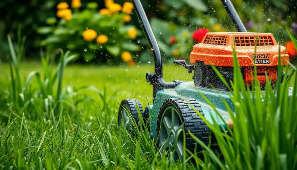 Image of a lawn mower mowing wet grass