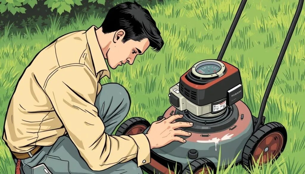 Image of a person checking the oil level in a push mower