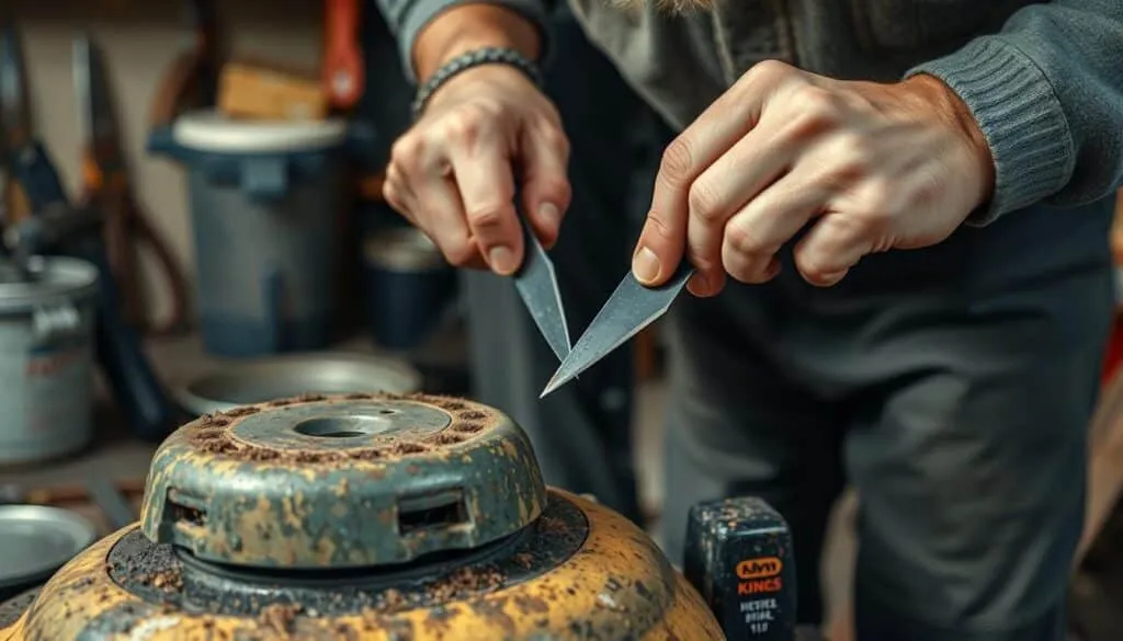Image of a person using a file to sharpen a lawn mower blade