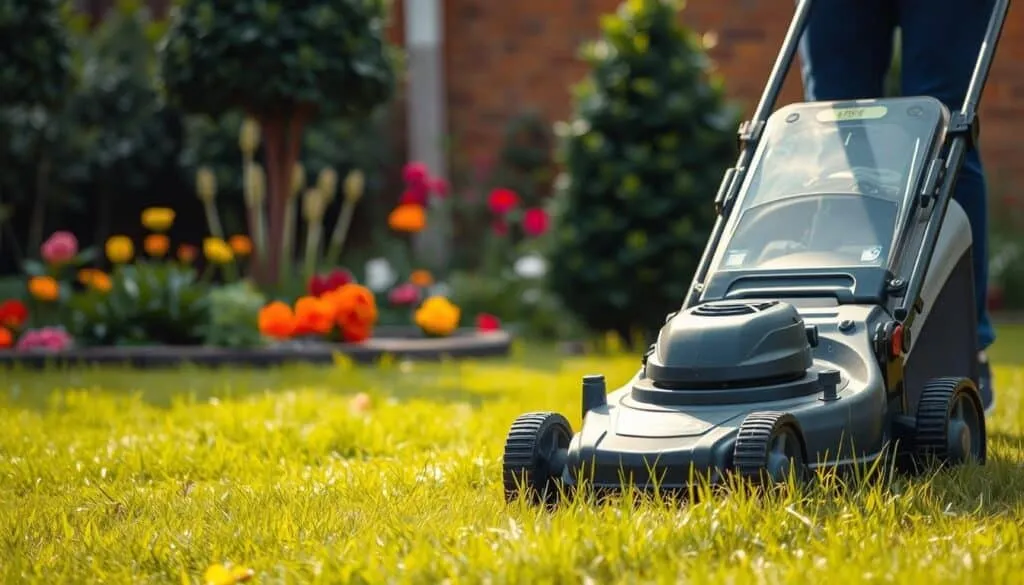 Image of a quiet electric lawn mower in operation
