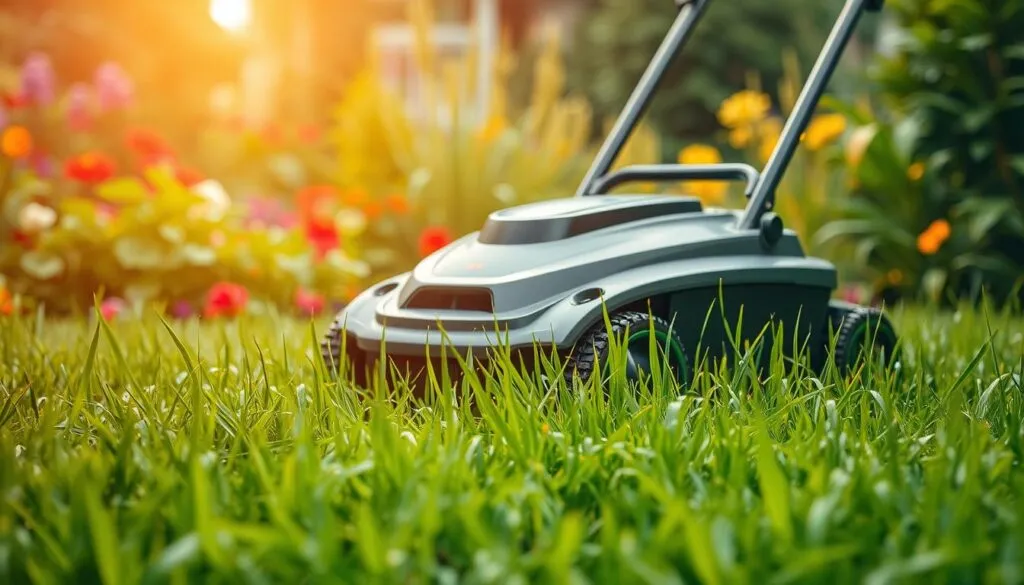 Image of a robotic lawn mower navigating through wet grass Image of a robotic lawn mower navigating through wet grass